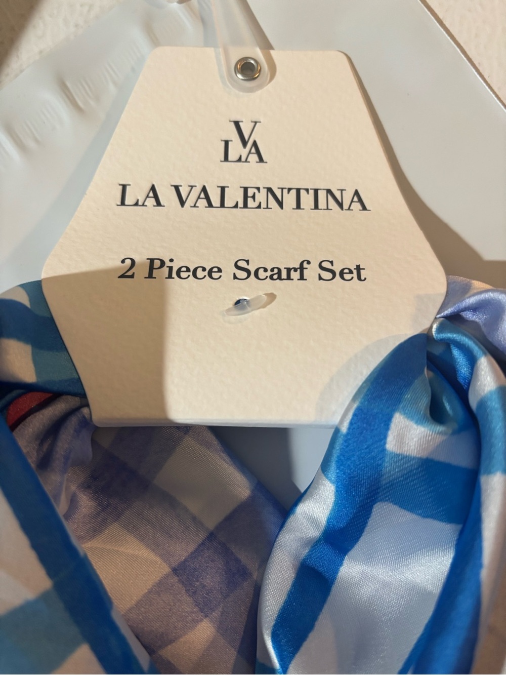 NWT La Valentina Blue & Red Cherry Print Silk-Feel Neck Scarf Set - Picture 2 of 6
